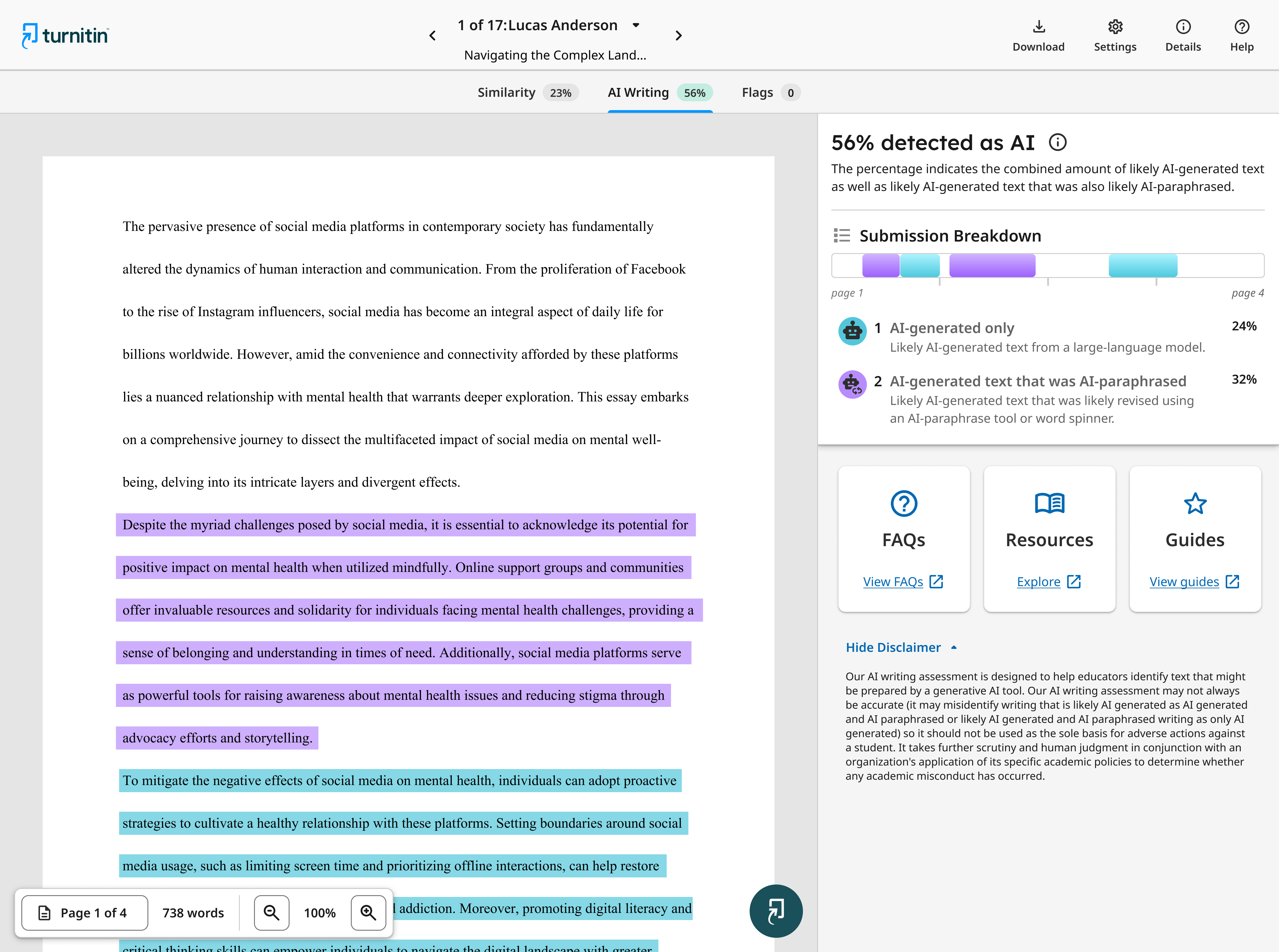 An example report from Turnitin showing what a returned AI report looks like.